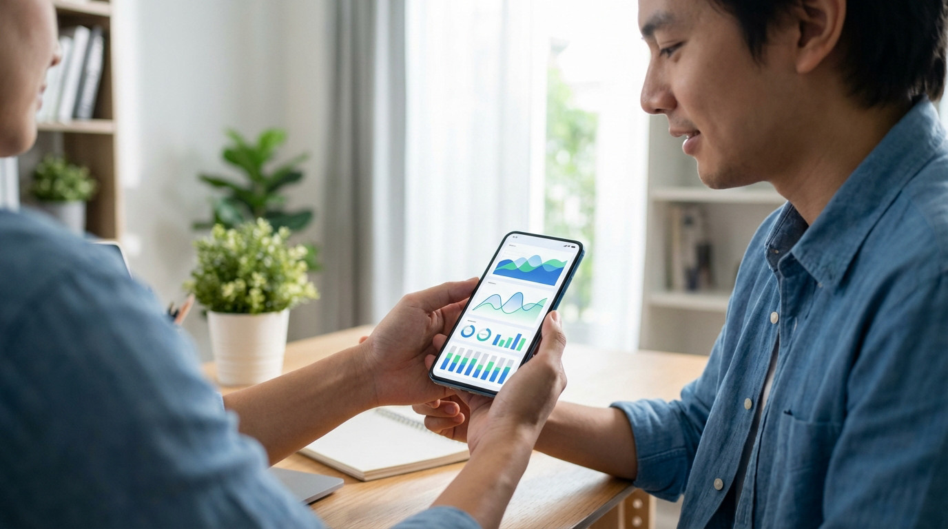 A young adult intently views a smartphone displaying colorful abstract data graphs. Modern interior, soft natural light, conveying focus.