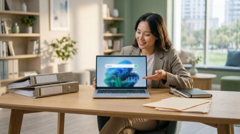 A smiling woman at a clean desk, pointing to a laptop with abstract data. Binders and notebook nearby, blurred modern office background.
