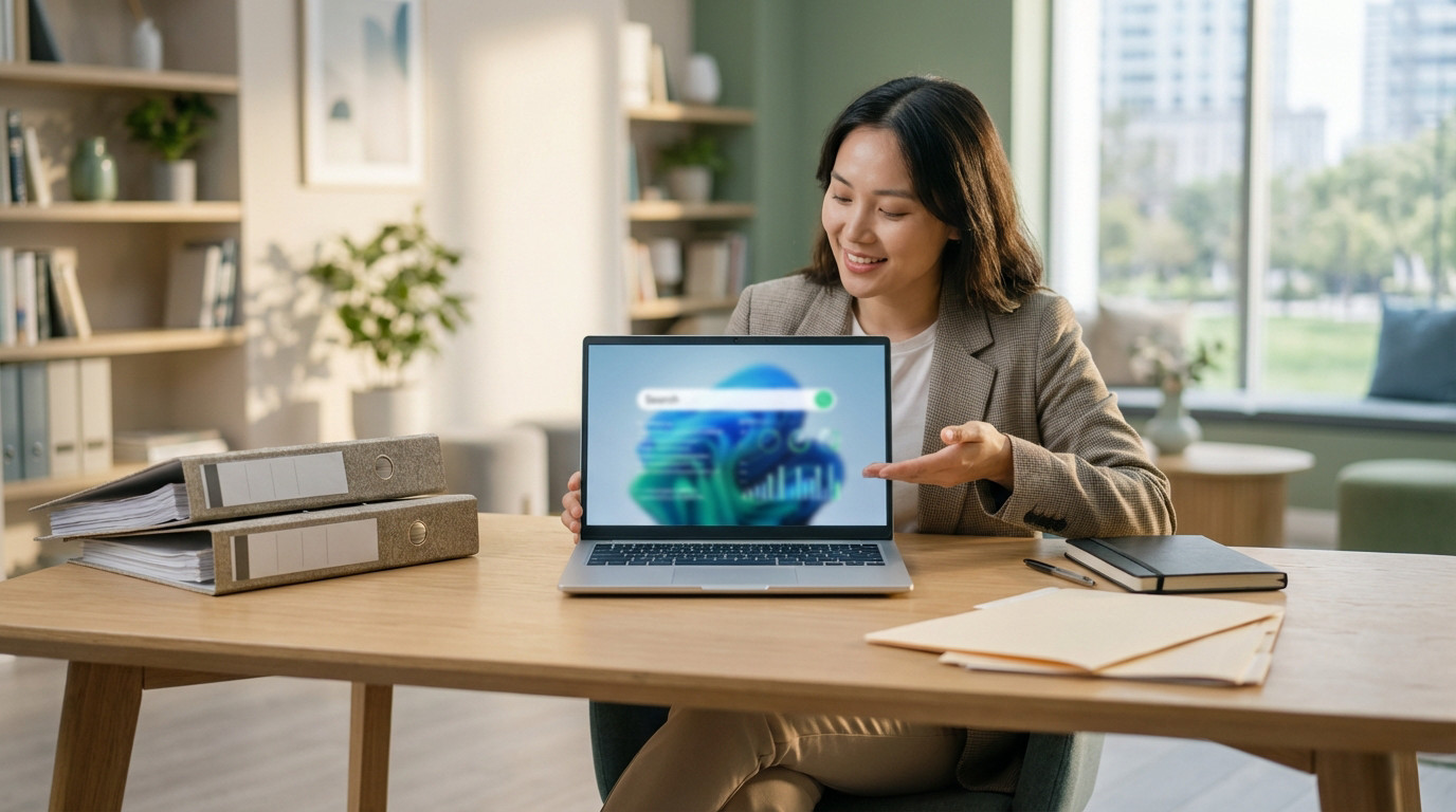 A smiling woman at a clean desk, pointing to a laptop with abstract data. Binders and notebook nearby, blurred modern office background.