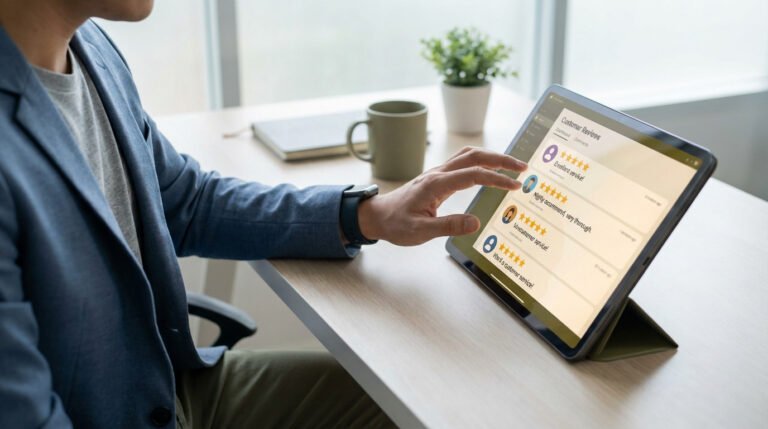 A person in smart casual wear meticulously reviews customer feedback on a tablet, with star ratings and comments visible on the screen.