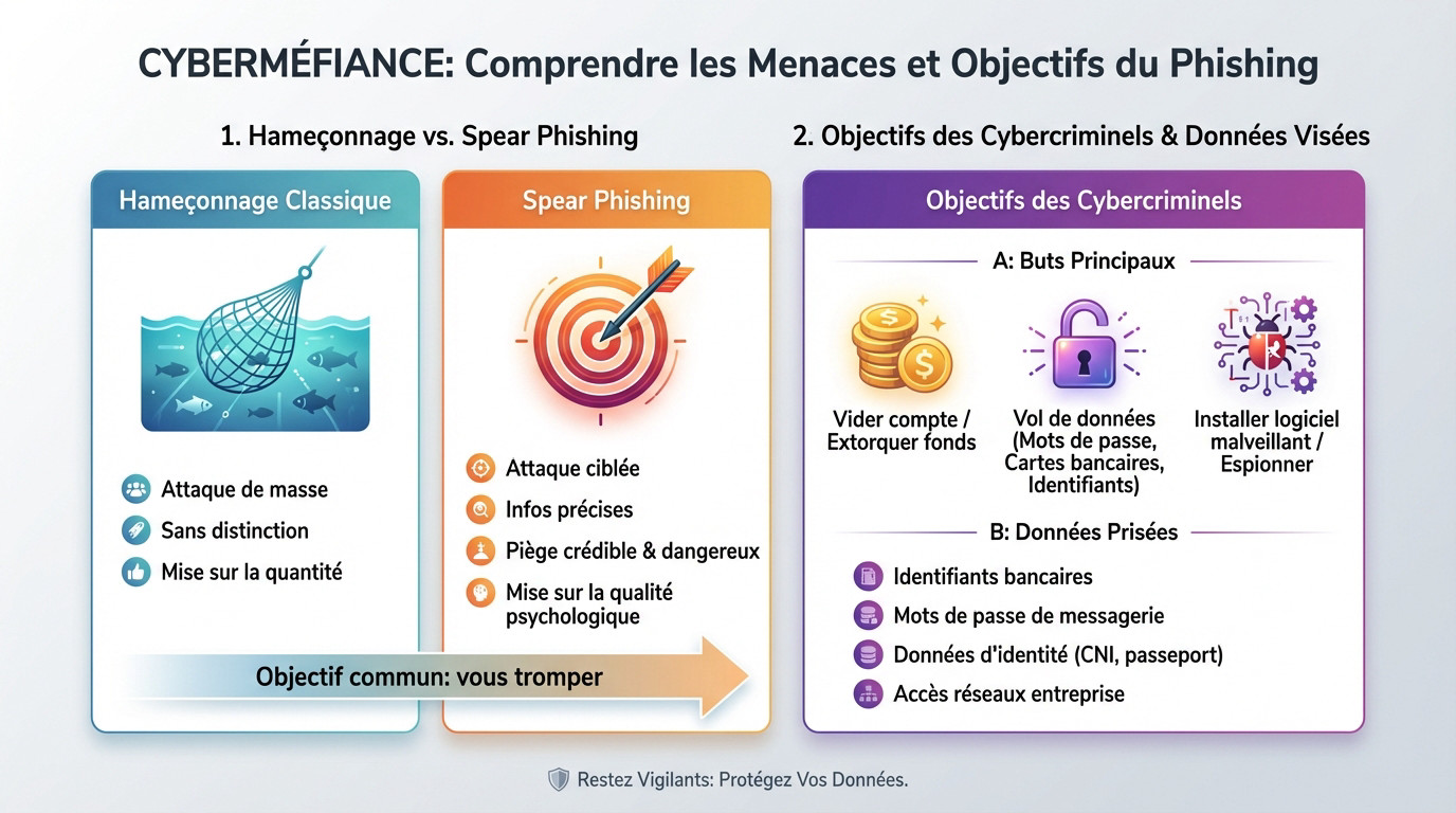 Schéma explicatif des menaces et des objectifs du phishing pour la sécurité informatique