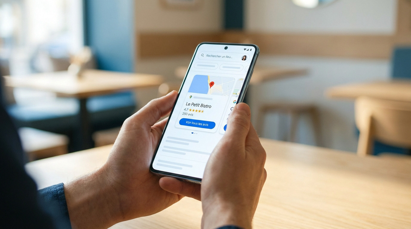 Mains tenant un smartphone affichant Google Maps avec les avis de "Le Petit Bistro" (4.7 étoiles, 250 avis). Arrière-plan flou d'un café.