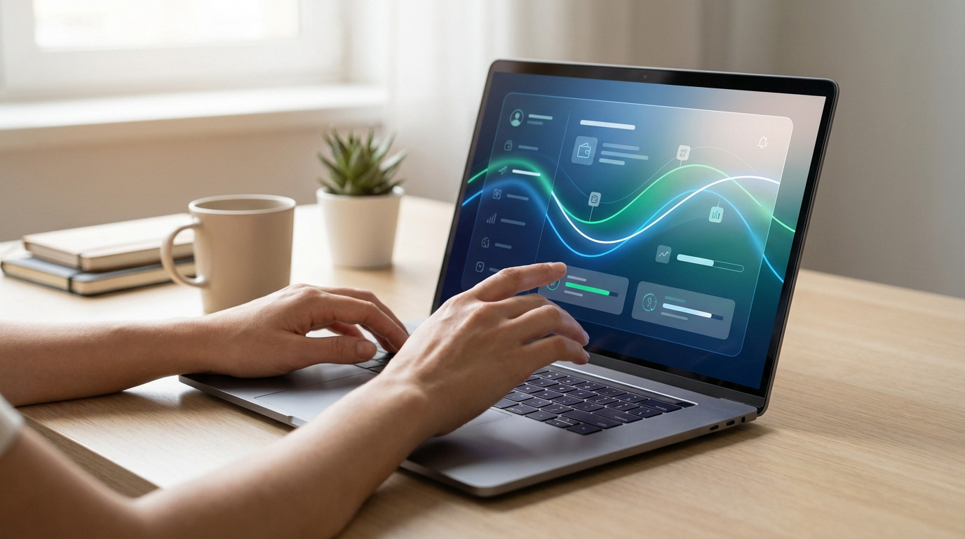 Anonymous hands interact with a laptop displaying a vibrant, abstract financial interface in blues and greens, with icons and progress bars. Blurred desk.