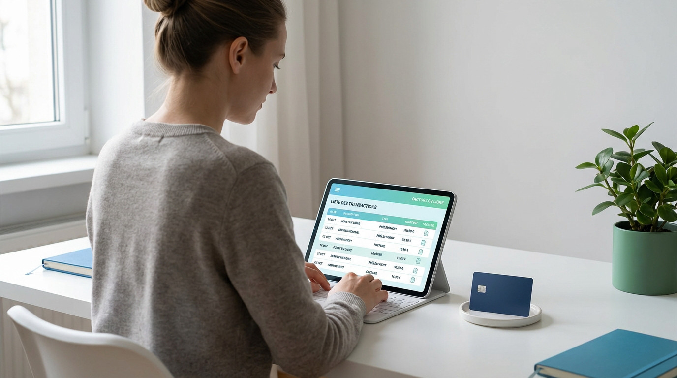 Medium shot of a person intently viewing a tablet screen displaying financial data, with a generic bank card on a clean desk.