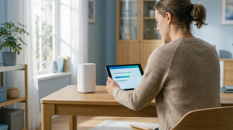 A person in a beige sweater tracks application status on a tablet in a bright, modern home office with a white router.