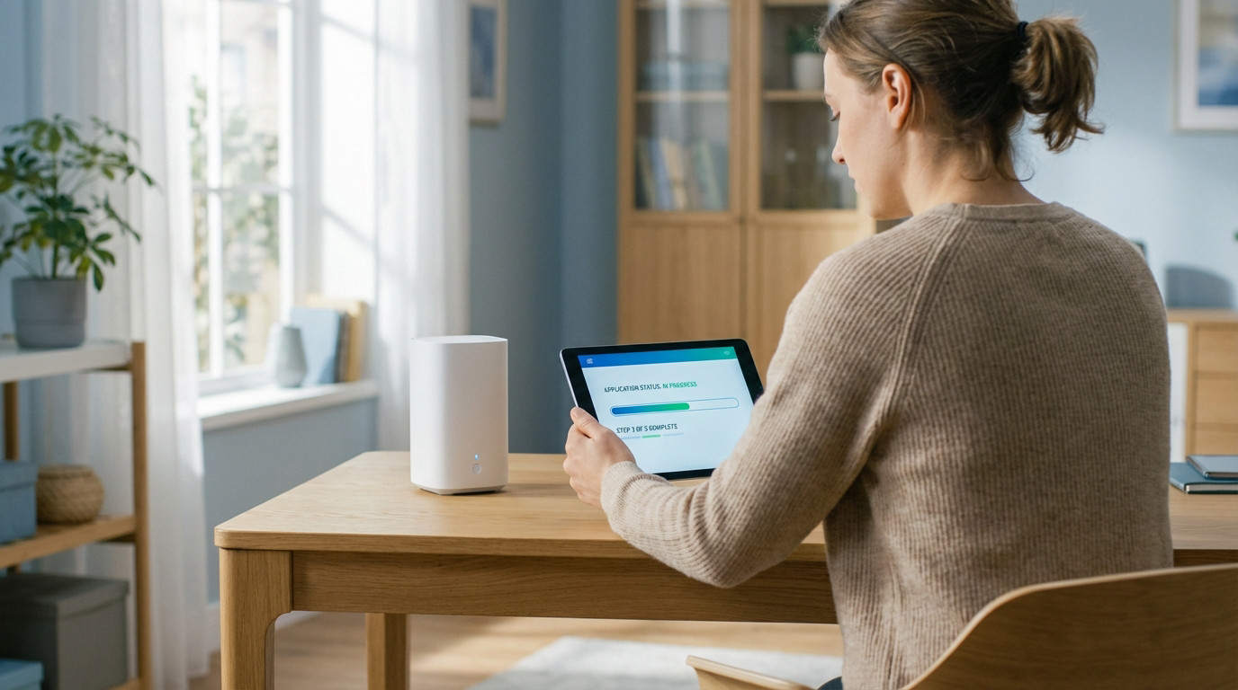 A person in a beige sweater tracks application status on a tablet in a bright, modern home office with a white router.