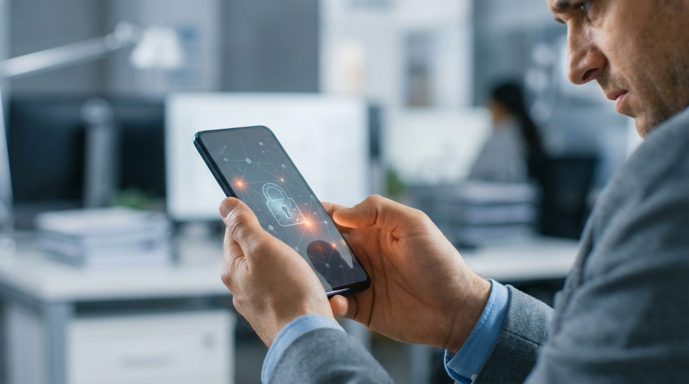 Close-up of a man's hands holding a smartphone displaying a digital lock icon and network pattern with orange glow, suggesting a security check. Blurred office background.