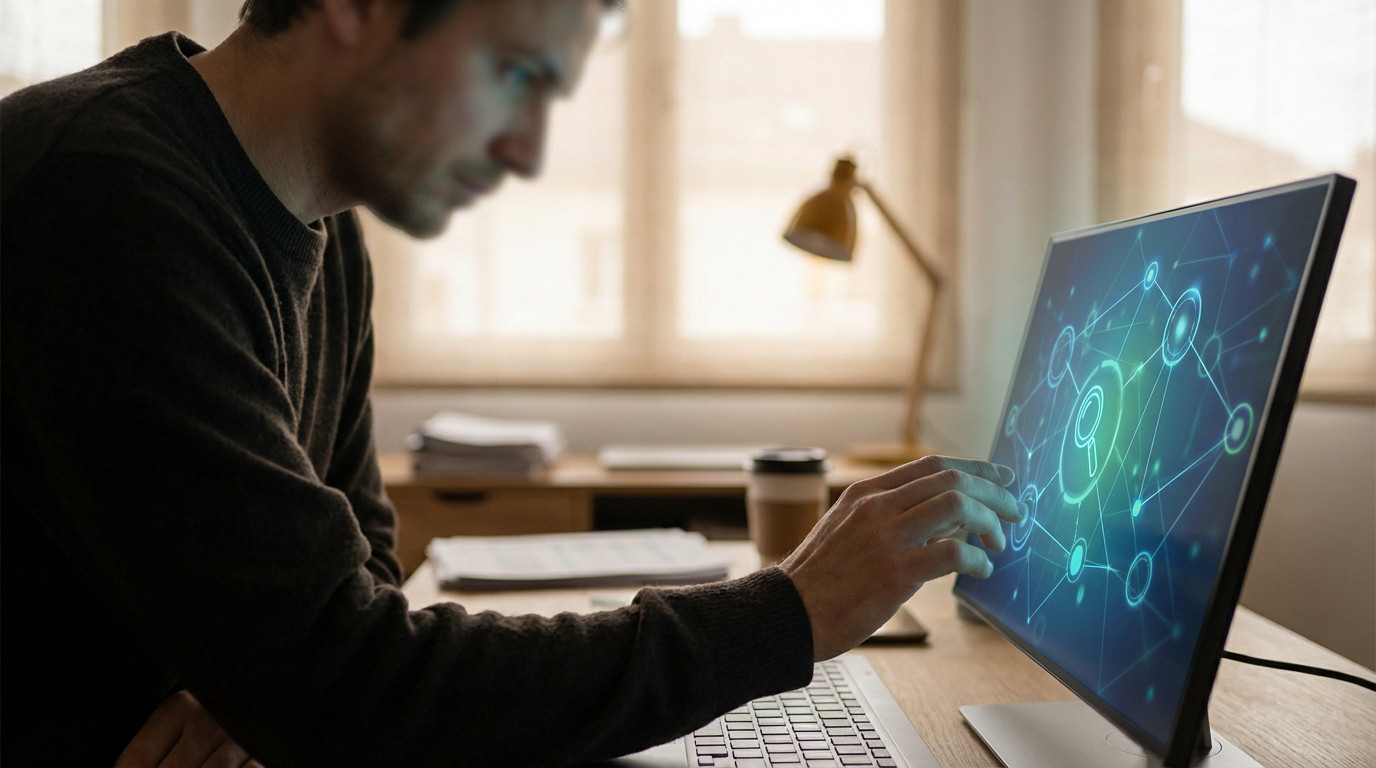 Person intently analyzing data on a screen with network nodes and a magnifying glass icon in a modern, well-lit office.