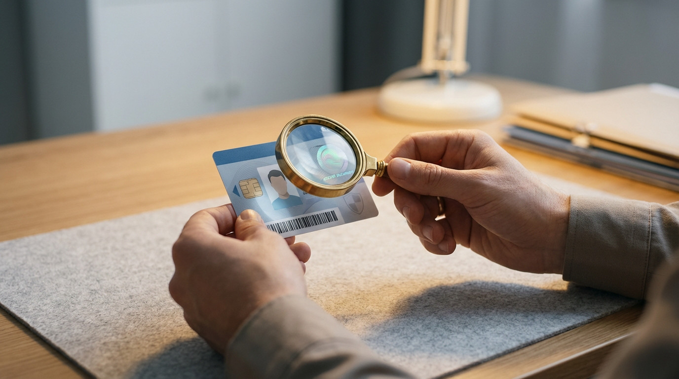 Close-up of hands meticulously inspecting a modern ID card's security features with a magnifying glass on a blurred professional desk.