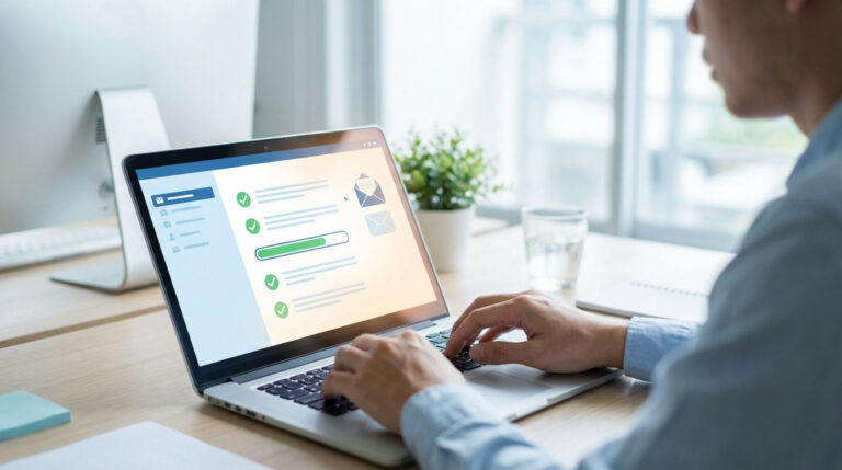 Person typing on a laptop displaying an email validation interface with green checkmarks and a progress bar in a bright, modern office.