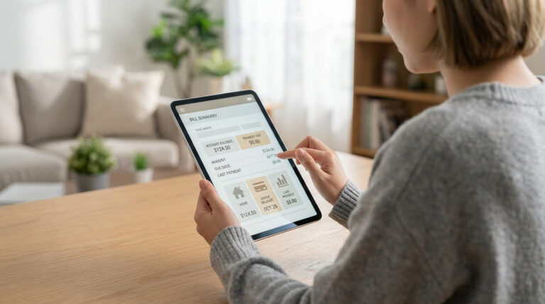 Person viewing a digital bill summary on a tablet in a modern home. The screen shows account balance and payment details.