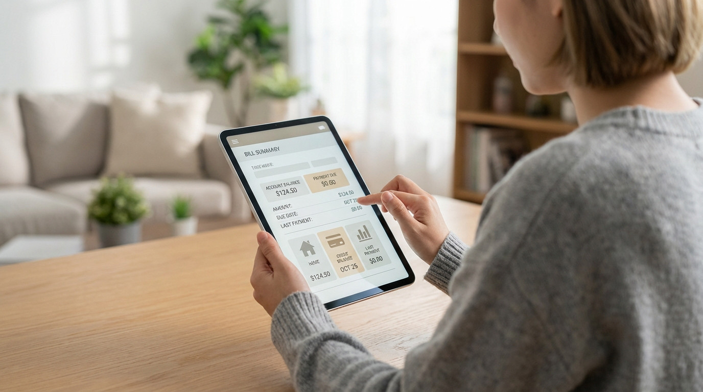 Person viewing a digital bill summary on a tablet in a modern home. The screen shows account balance and payment details.