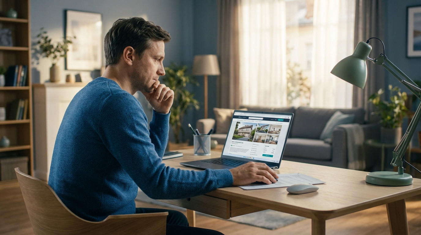 Man in modern home office intently reviews a digital real estate listing on a laptop, hand near mouse, thoughtful expression.