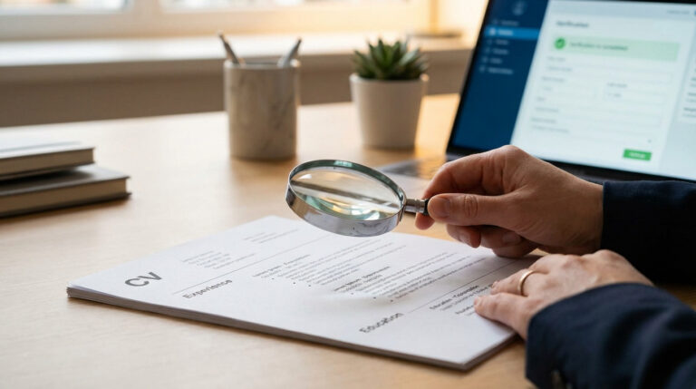 Hands meticulously review a CV with a magnifying glass, alongside a laptop displaying a verification screen, on a clean desk.