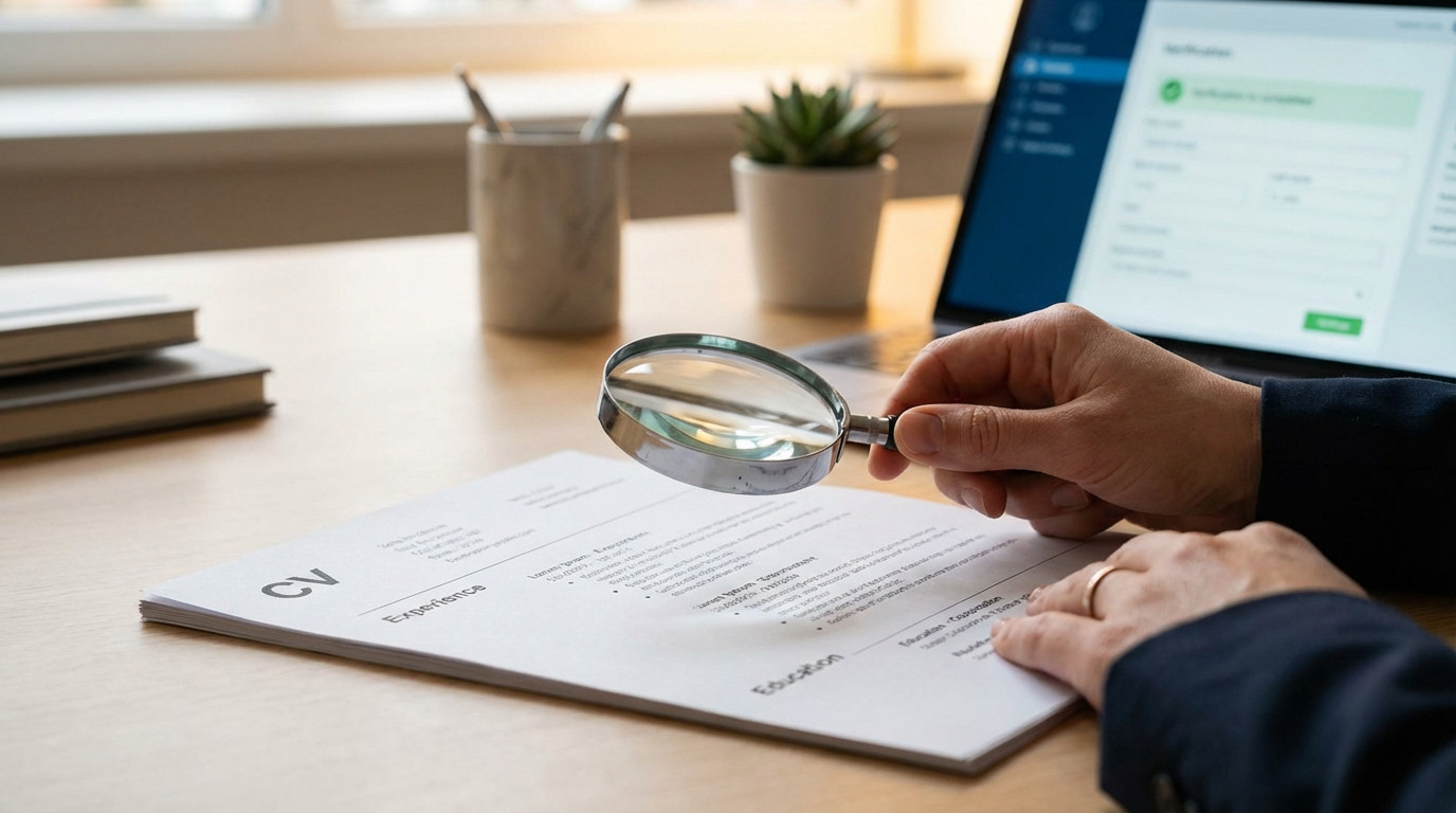 Hands meticulously review a CV with a magnifying glass, alongside a laptop displaying a verification screen, on a clean desk.