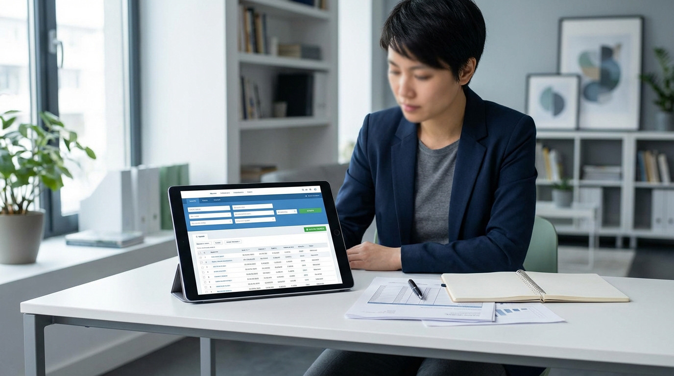 Professional analyzing company data on a tablet in a modern office, with documents and notebook, emphasizing verification.