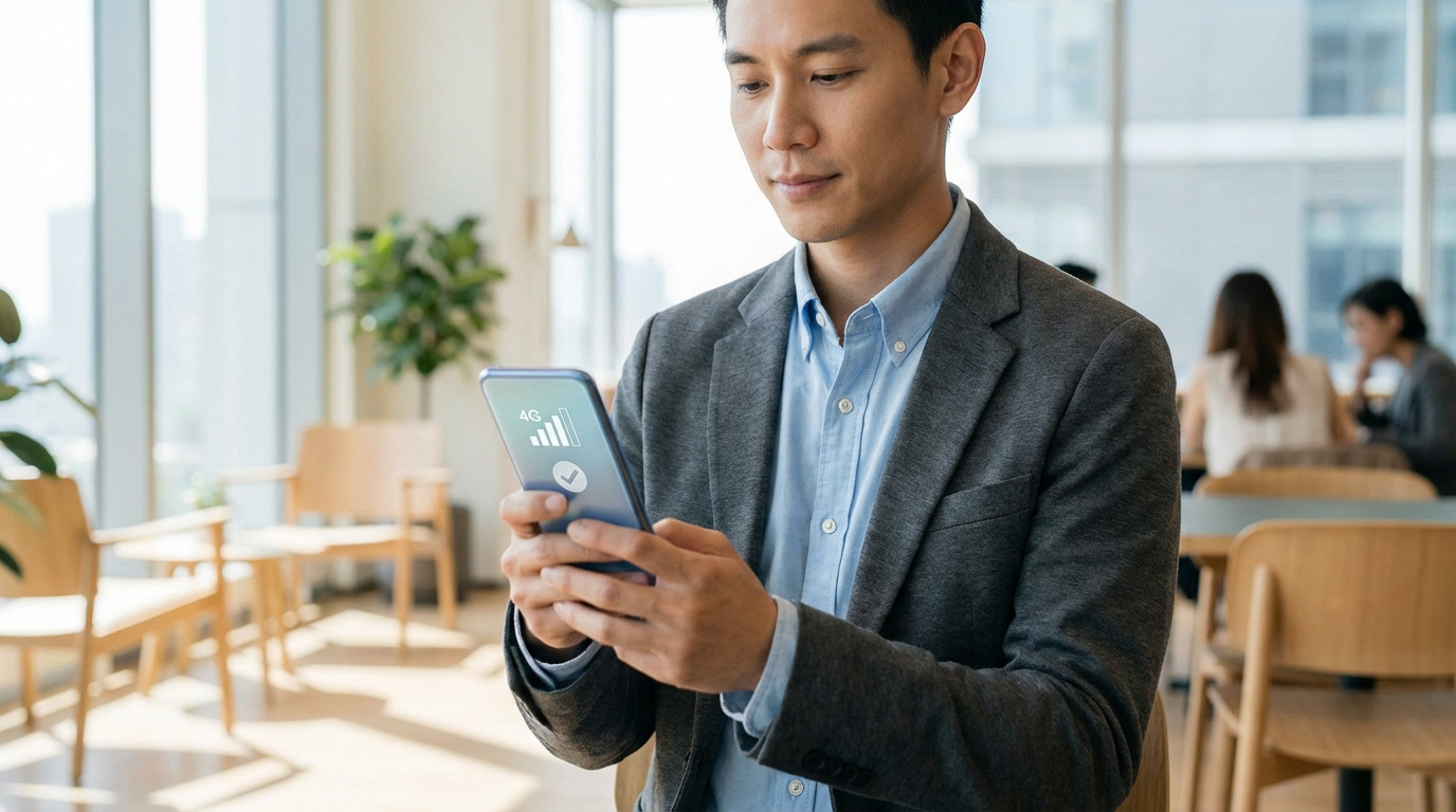 Mid-shot of a man in smart casual attire checking his phone, showing full 4G signal. Bright, modern setting. Conveys reliable mobile service.
