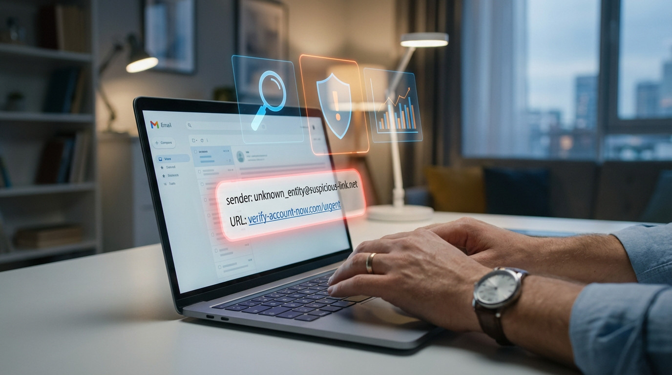 Hands typing on a laptop, screen displays a suspicious email highlighted in red. Digital icons for security analysis and warning float above.