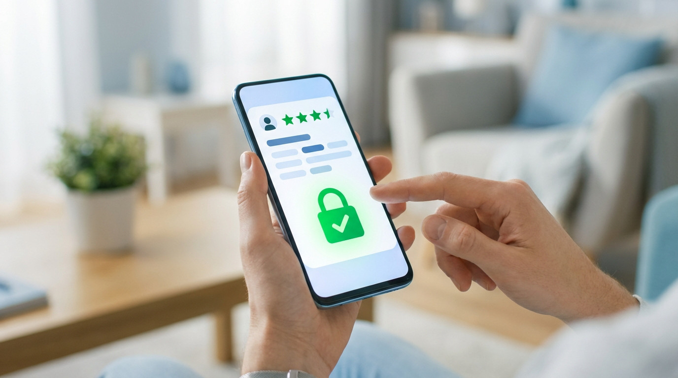 Hands holding smartphone showing a secure seller profile with review stars and a prominent green padlock icon, indicating trusted online transactions.