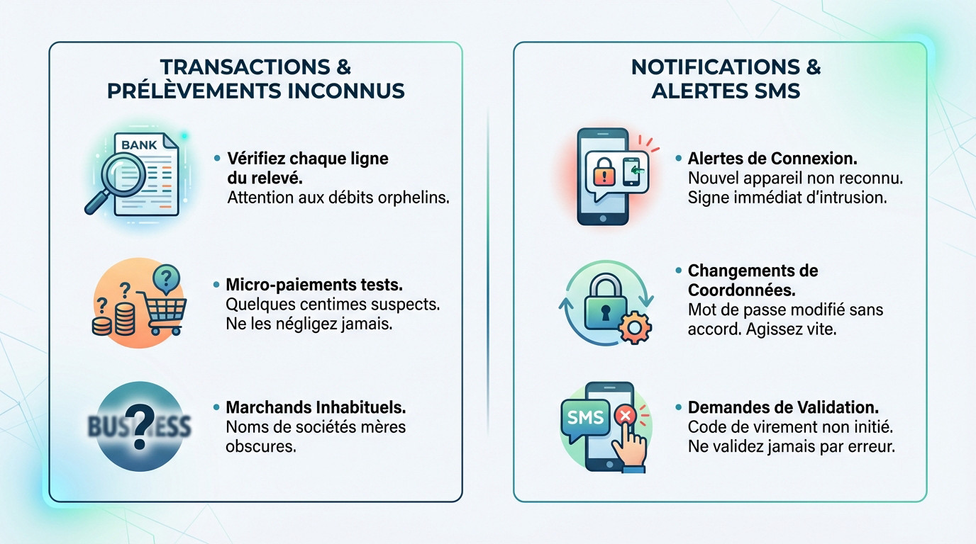 Illustration des signes d'alerte d'un compte bancaire piraté sur un smartphone