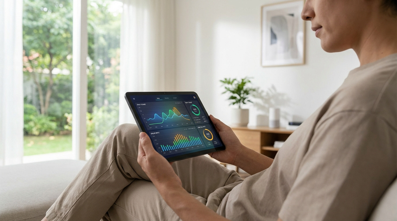 Person on a couch viewing an energy monitoring app with colorful graphs on a tablet in a bright, modern living room.