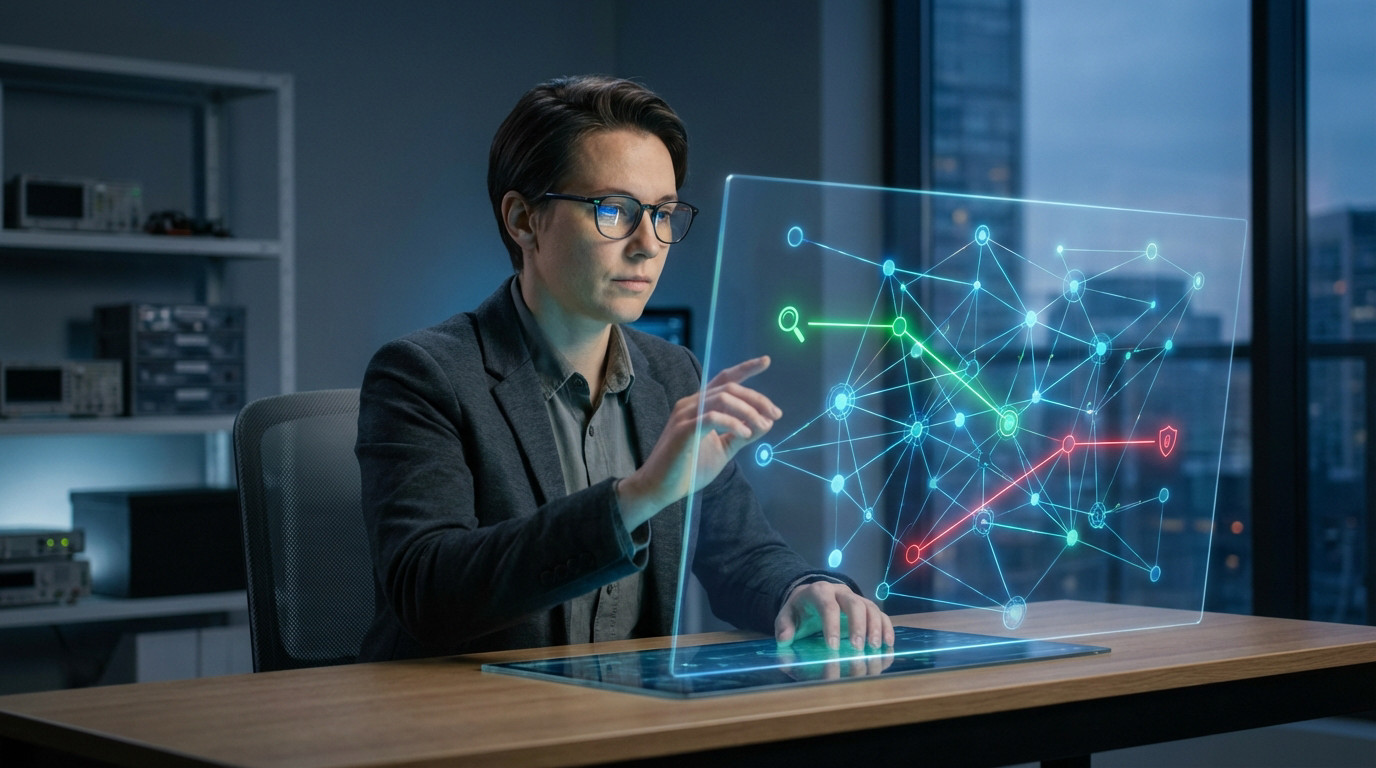 Professional analyzing a glowing holographic data network with green quality links and red risk connections in a modern office.