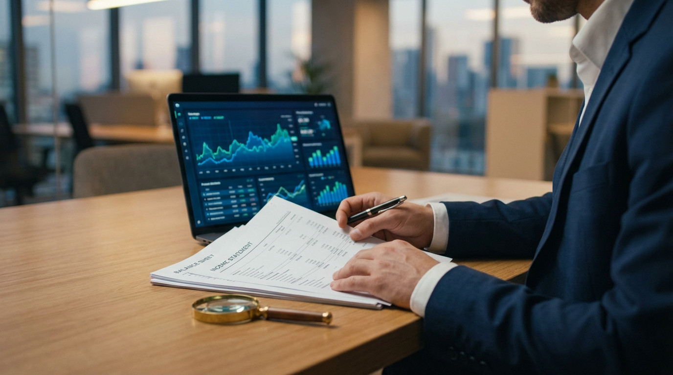 Professional analyzing financial reports and digital charts on a laptop, with a magnifying glass on a modern desk.