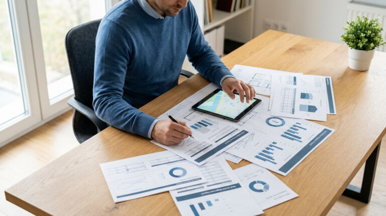 Generic figure diligently reviews real estate documents and a tablet with a map on a wooden table in a well-lit home office.