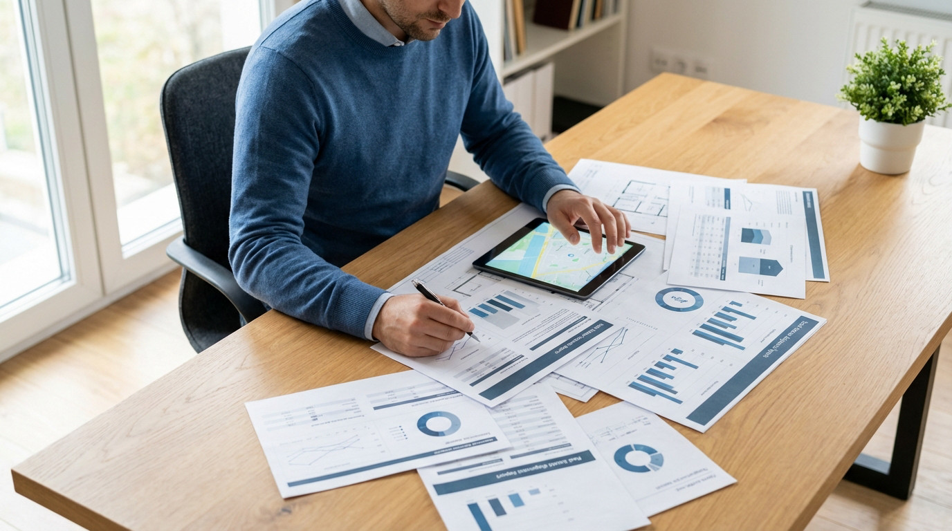Generic figure diligently reviews real estate documents and a tablet with a map on a wooden table in a well-lit home office.