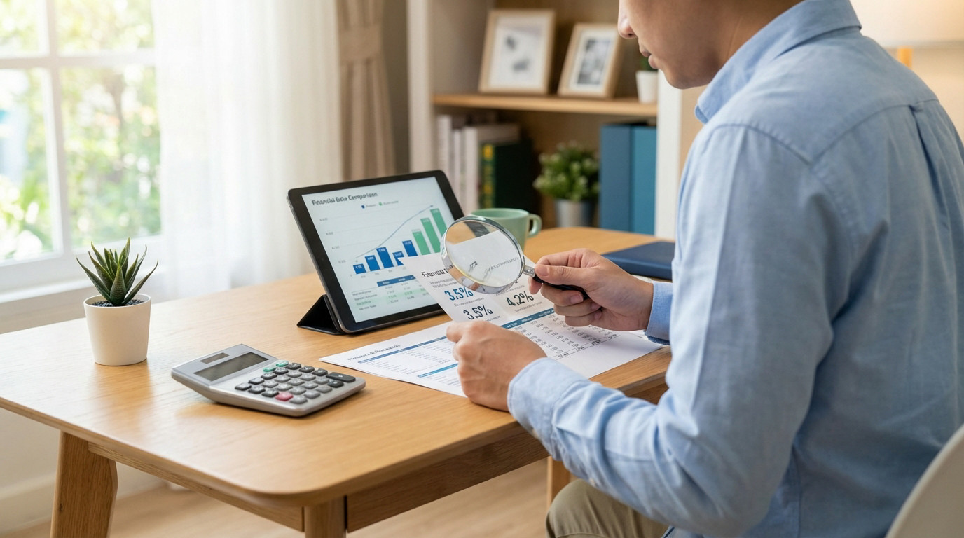 Un individu examine des taux d'intérêt sur des documents et une tablette avec une loupe, sur un bureau. Calculatrice et plante verte.