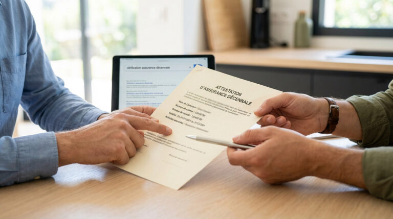 Deux mains examinent une attestation d'assurance décennale. Une pointe le document, l'autre tient un stylo. Tablette de vérification en arrière-plan.