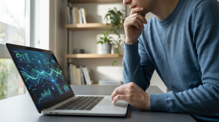 Homme réfléchissant devant un laptop affichant des graphiques et données de recherche. Son doigt touche son menton, ambiance studieuse.