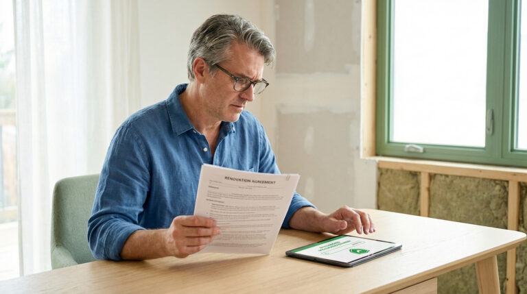 Un homme examine attentivement un accord de rénovation énergétique en papier et sur tablette, dans un intérieur en cours de modernisation.