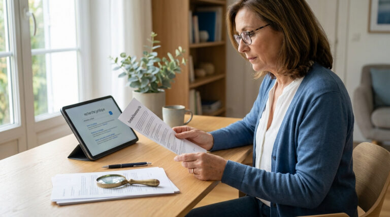 Femme concentrée lisant un contrat d'assurance vie, une tablette avec une recherche juridique et une loupe à ses côtés.
