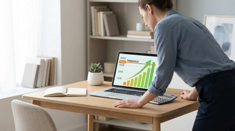 A focused entrepreneur stands at a minimalist desk, intently viewing a laptop with an upward-trending financial graph. Natural light fills the home office.
