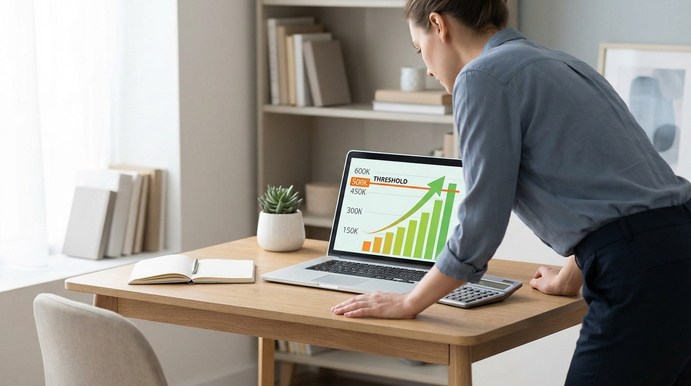 A focused entrepreneur stands at a minimalist desk, intently viewing a laptop with an upward-trending financial graph. Natural light fills the home office.