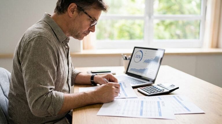 Man reviewing financial documents with a pen at a wooden desk. Laptop shows charts with '35%', calculator nearby. Blurred window background.