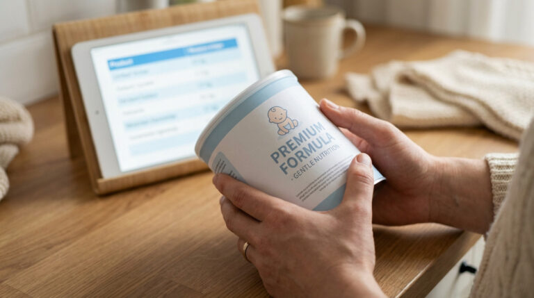 Close-up of hands carefully examining a baby formula container's label. A blurred tablet with an information list is in the background.