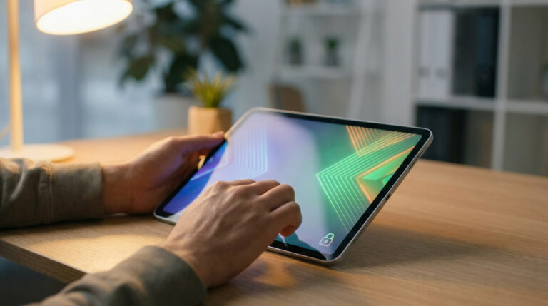 Hands interacting with a modern tablet displaying an evolving digital interface from blue/purple to green/orange, with a padlock icon, on a minimalist desk.