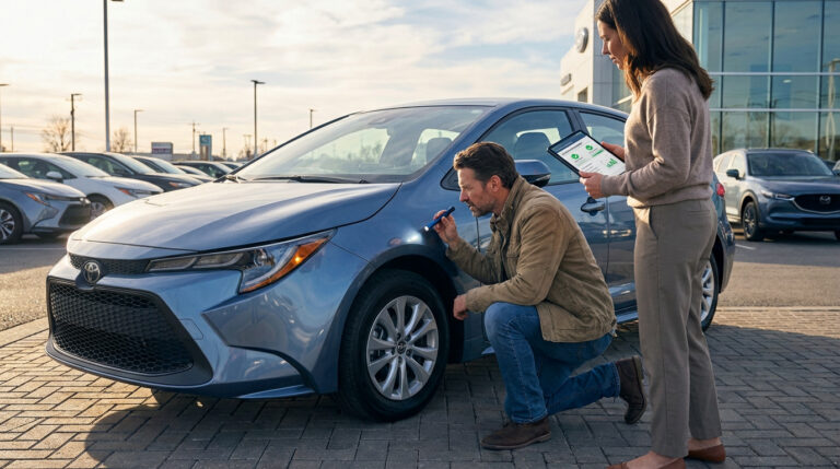 Homme inspectant la carrosserie d'une voiture bleue avec lampe de poche, femme avec tablette, sur un parking de concessionnaire.