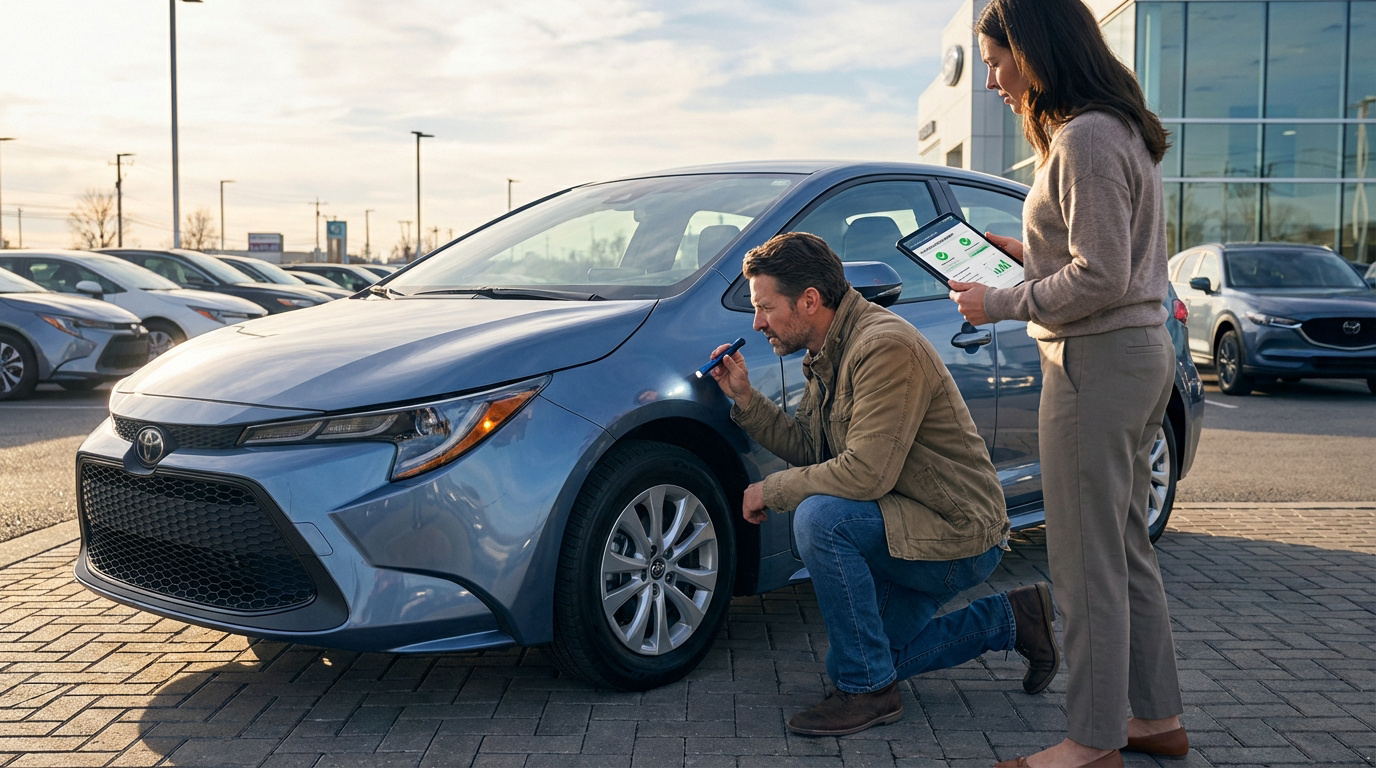 Homme inspectant la carrosserie d'une voiture bleue avec lampe de poche, femme avec tablette, sur un parking de concessionnaire.