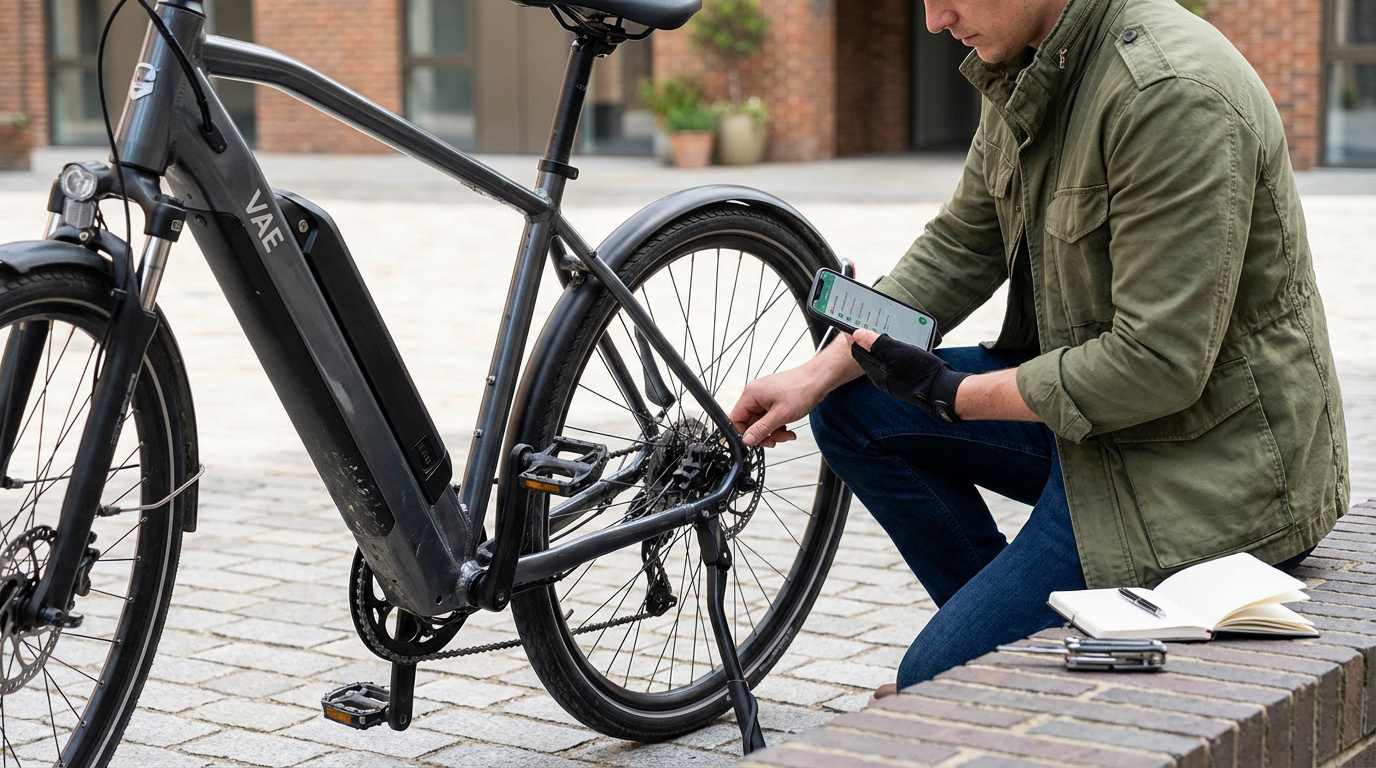 Un homme inspecte un vélo électrique gris avec son smartphone, vérifiant la transmission arrière. Un carnet et des outils sont sur un muret.