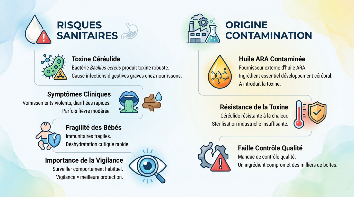 Schéma explicatif des risques sanitaires liés à la toxine céréulide dans le lait infantile et origine de la contamination par l'huile ARA