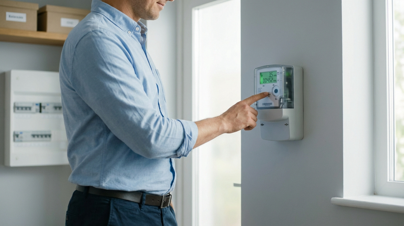 Un homme en chemise bleue appuie sur un compteur électrique mural affichant 3.5 kVA et 00452 kWh, près d'un tableau électrique.