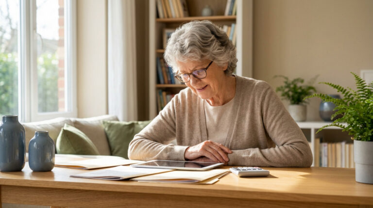 Femme âgée souriante consultant une tablette et une calculatrice, avec des documents sur une table en bois, dans un intérieur lumineux.