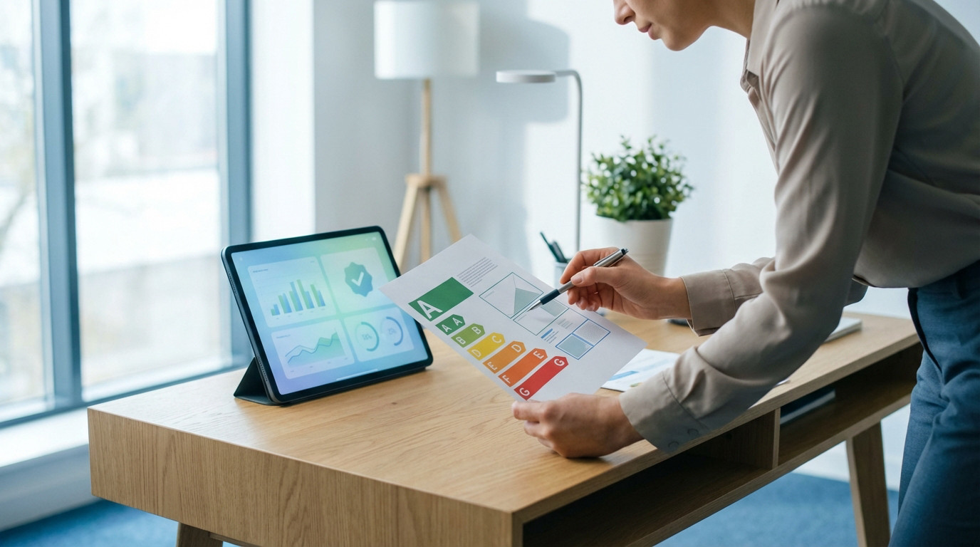 Professional reviews a DPE document with A-G energy ratings on a desk, cross-referencing with data on a glowing digital tablet.