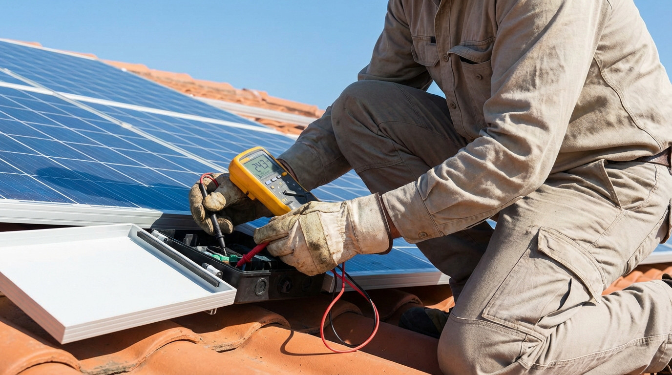 Technician in work gloves testing a solar panel on a tiled roof with a yellow multimeter, displaying readings under a clear sky.