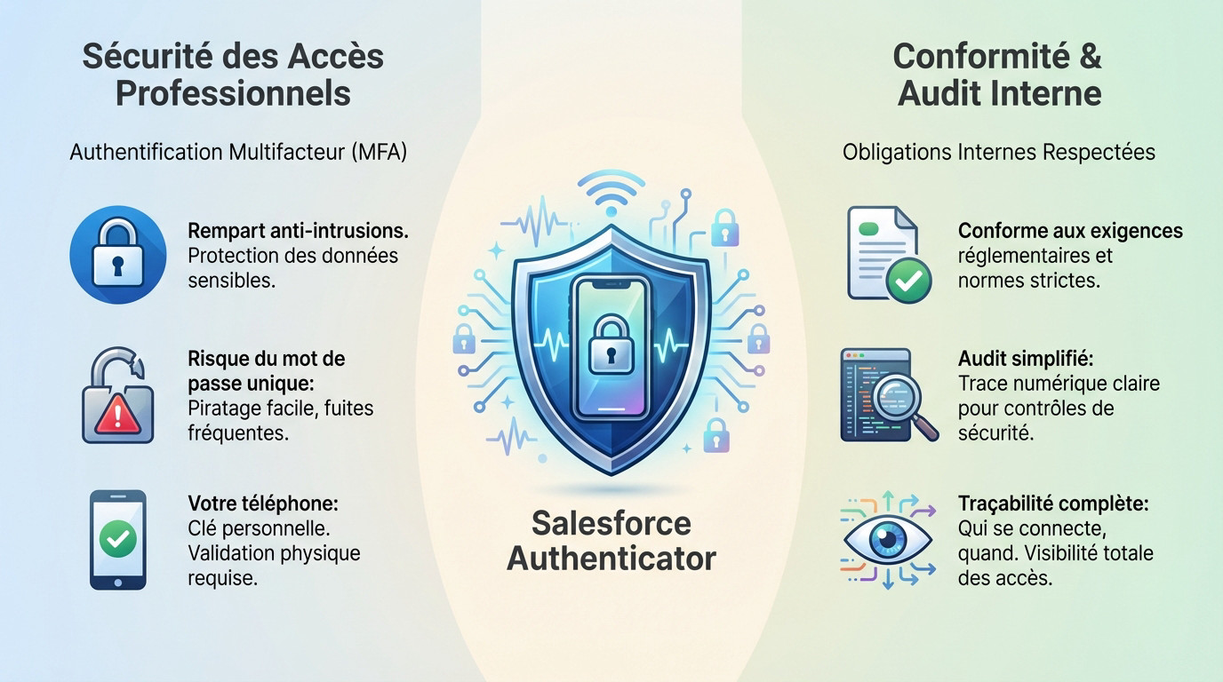 Interface mobile Salesforce Authenticator affichant une demande d'approbation pour sécuriser l'accès aux données