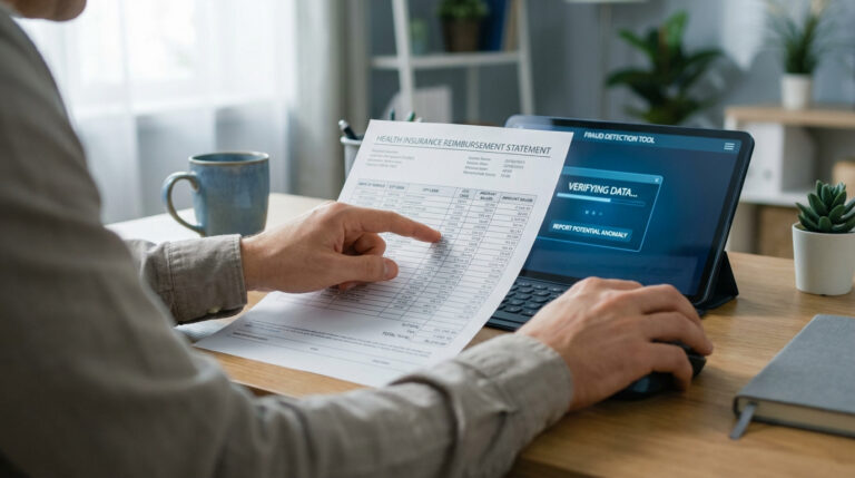 Personne comparant un relevé de remboursement d'assurance maladie avec un outil de détection de fraude sur tablette, affichant 'Vérification des données'.