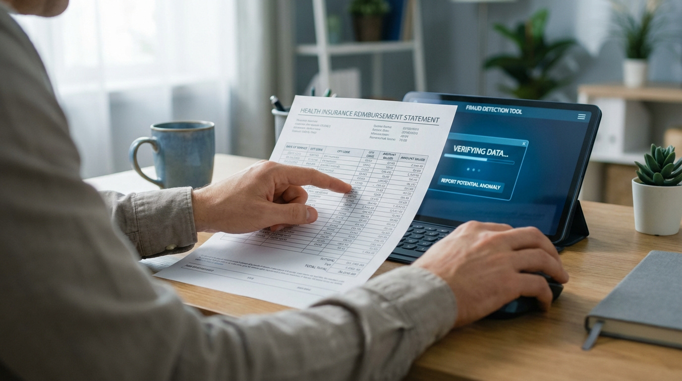 Personne comparant un relevé de remboursement d'assurance maladie avec un outil de détection de fraude sur tablette, affichant 'Vérification des données'.